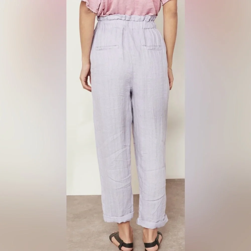 Free People Only Over You Linen Pant in Blue Pearl Tie Bag Waist Straight Leg - Picture 3 of 14